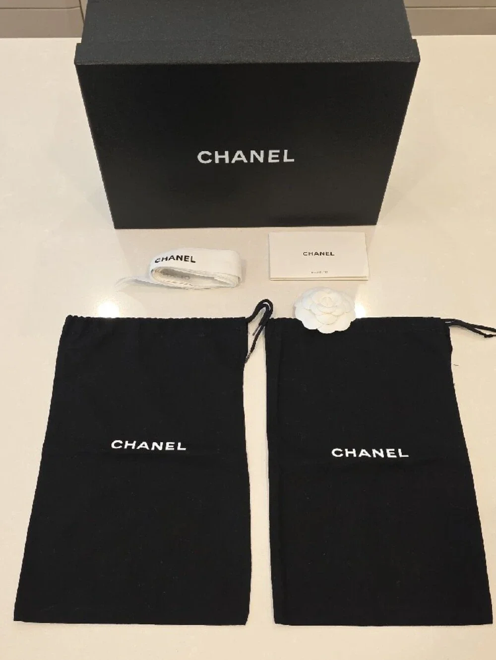 💯 Authentic CHANEL Black Branded Shoe Box with Two Black Dust Bags and Ribbon